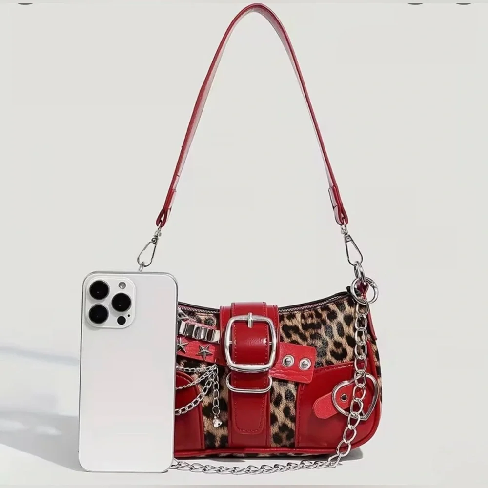 Y2K Leopard Print Shoulder Bag Red Studded Chain Punk Grunge Purse - NEW - Picture 6 of 9